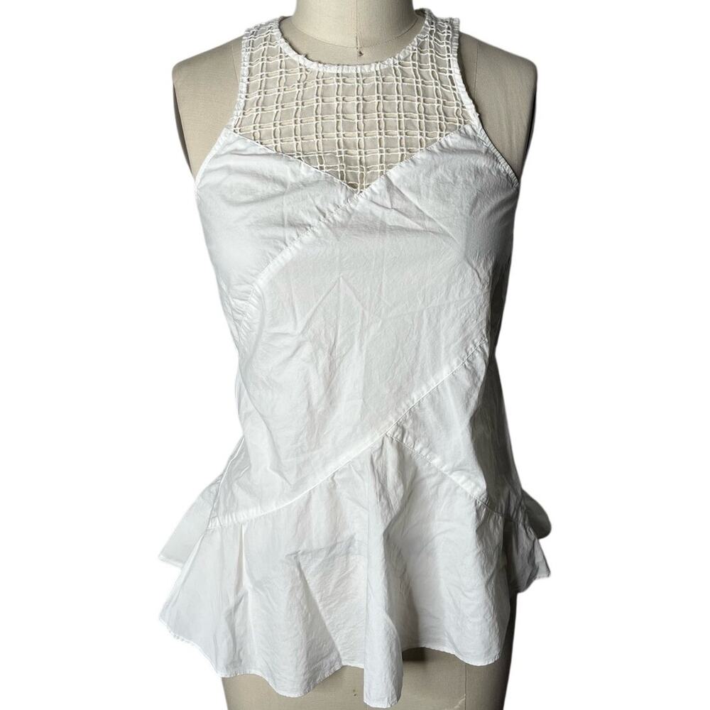 Derek Lam 10 Crosby White Silk & Cotton Eyelet Peplum High Neck Top - Size 4